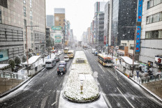 A general view of a street in Hachioji, located in the western portion of the greater Tokyo Metropolis, as it snows in Japan's capital on February 10, 2023.