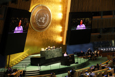 German Foreign Minister Annalena Baerbock speaks during a special session of the General Assembly on Feb. 23, 2023 at UN Headquarters in New York City, US.
