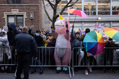 Demonstrators gather for a protest in support of the Drag Story Hour outside the Queens Public Library on December 29, 2022 in New York.
