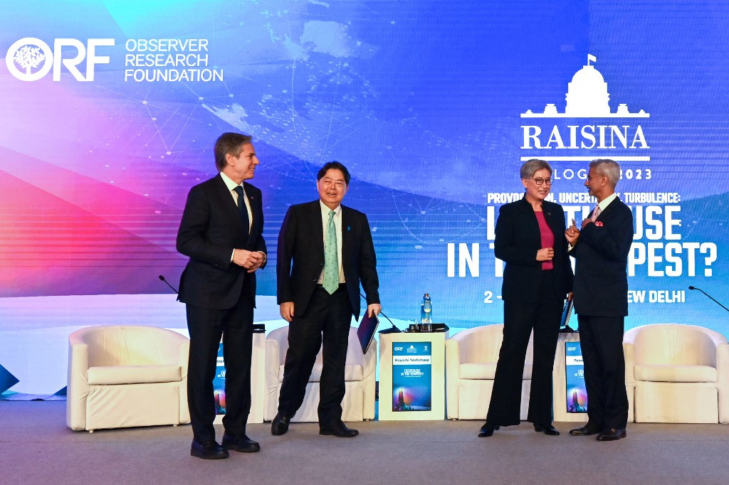 (Left-right) US Secretary of State Antony Blinken, Japan’s Foreign Minister Yoshimasa Hayashi, Australian Foreign Minister Penny Wong and Indian Foreign Minister Subrahmanyam Jaishankar attend the Indo-Pacific Quad Foreign Ministers’ panel discussion in New Delhi on March 3, 2023.
