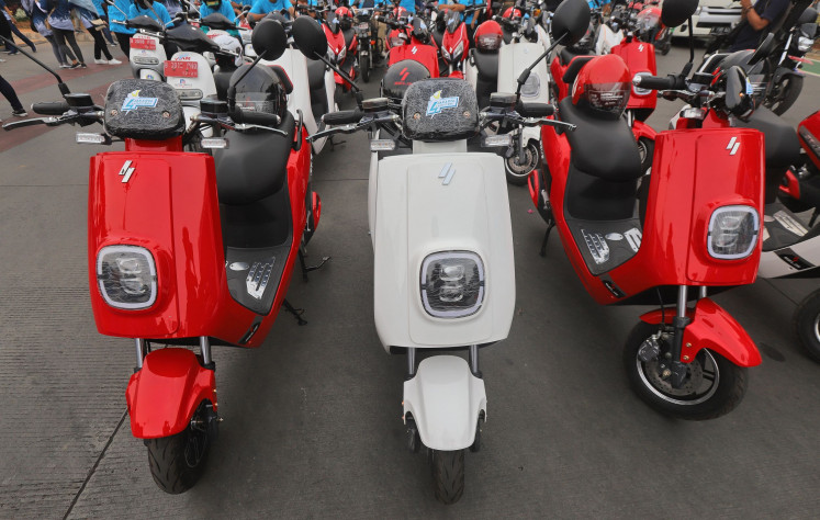 Vehicles of Indonesian electric motorcycle brand Selis are pictured on Oct. 27, 2019, in Jakarta.