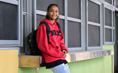 Film student Ja'saray Juarez poses on campus of the Edward R. Roybal Learning Center at the in Los Angeles, California, on March 8, 2023. Music, camera angles, characters: Juarez, 14, is working with classmates on the recipe for a successful commercial as part of the Roybal Film and Television Production Magnet training program at the school was launched in September 2022 by actor George Clooney and others, like Eva Longoria and Don Cheadle, to foster diversity in Hollywood.
