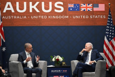 Then US president Joe Biden (right) meets with Australian Prime Minister Anthony Albanese (left) during the AUKUS summit at Naval Base Point Loma in San Diego California on March 13, 2023. 