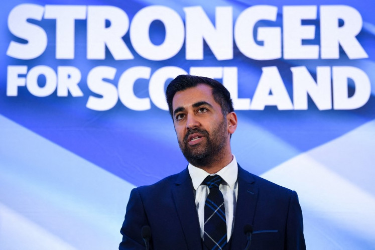 Newly appointed leader of the Scottish National Party (SNP), Humza Yousaf speaks following the SNP Leadership election result announcement at Murrayfield Stadium in Edinburgh on March 27, 2023.