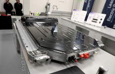 A battery pack for the Ford Mustang Mach-E is displayed during a press conference in Romulus, Michigan, US, on February 13, 2023.