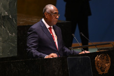 Vanuatuan Prime Minister Ishmael Kalsakau speaks on March 29, 2023 in the General Assembly Hall at the United Nations headquarters in New York.