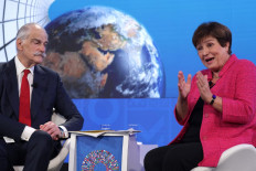 International Monetary Fund Managing Director Kristalina Georgieva (right) speaks at a Bretton Woods Committee discussion with economist John Lipsky at the annual spring meetings of the World Bank and the IMF at IMF headquarters in Washington, DC, on April 11, 2023
