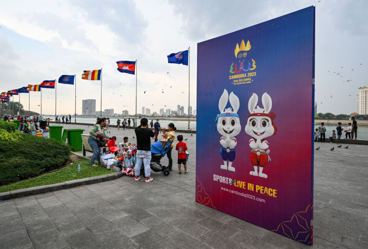 A SEA Games signage is pictured ahead of the 32nd Southeast Asian (SEA) Games in Phnom Penh on May 3, 2023.