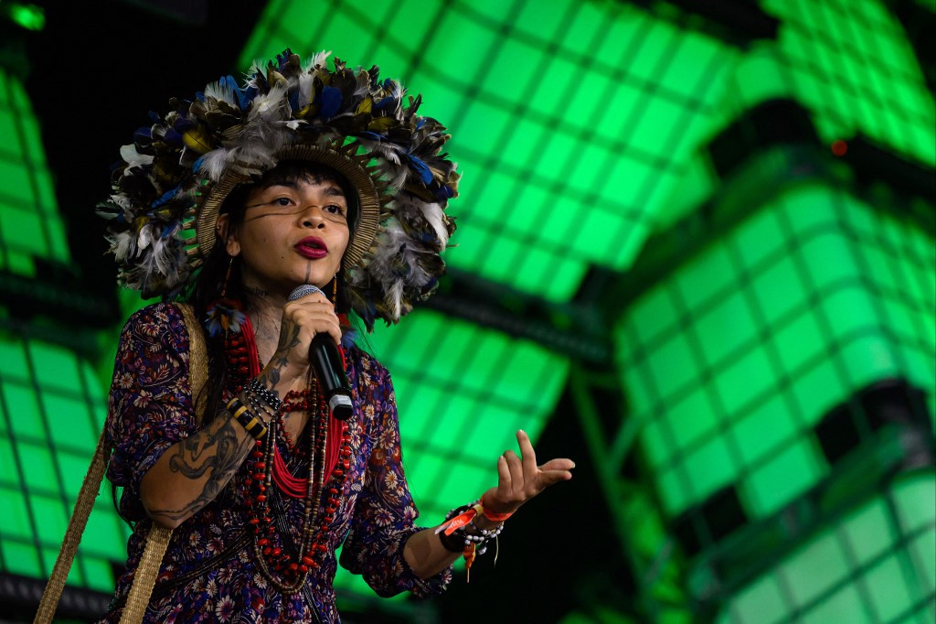 Indigenous activist Txai Surui speaks during the first day of the Web Summit Rio 2023 at the RioCentro Expo Center in Rio de Janeiro, Brazil, on May 1, 2023.
