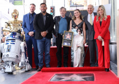 (L-R) Matt Fritch, Hugo Soto-Martinez, Mark Hamill, Billie Lourd, Steve Nissen and Ellen K attend the ceremony for Carrie Fisher being honored posthumously with a Star on the Hollywood Walk of Fame on May 04, 2023 in Hollywood, California.