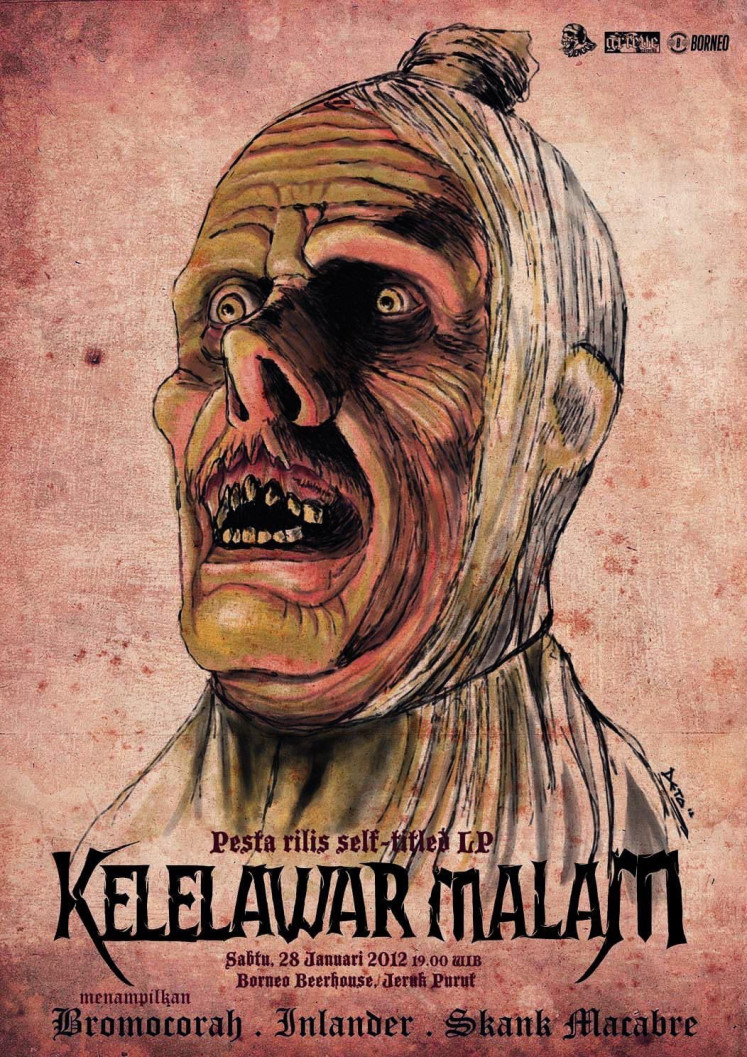 The poster for horror punk band Kelelawar Malam’s release party in January 2012, for its eponymous LP on vinyl made from recycled PVC, features an illustration of “pocong”, a shrouded ghost.