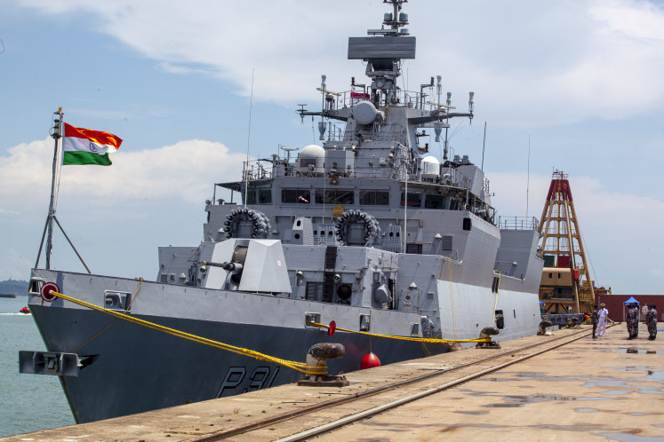 India's INS Kavaratti drops anchor on May 14, 2023, at the Batu Ampar Port Quay in Batam, Riau Islands. The Indian war vessel visited Batam to attend the Samudra Shakti-23 joint training with the Indonesian military.
