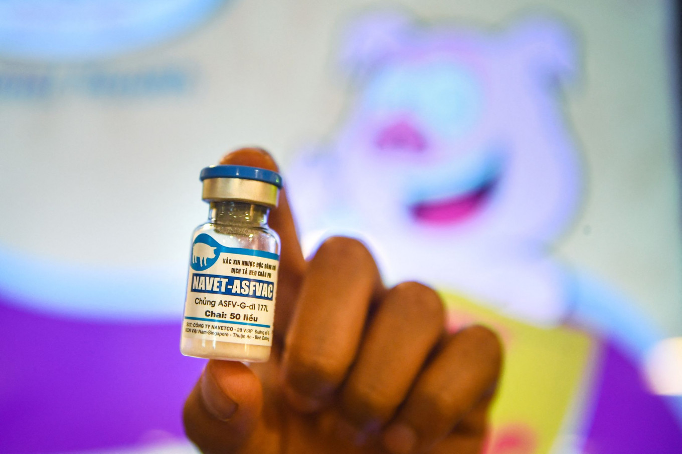 A man holds a vial of an African swine fever vaccine for pigs during a presentation of the vaccine on June 3, 2022, in Hanoi.