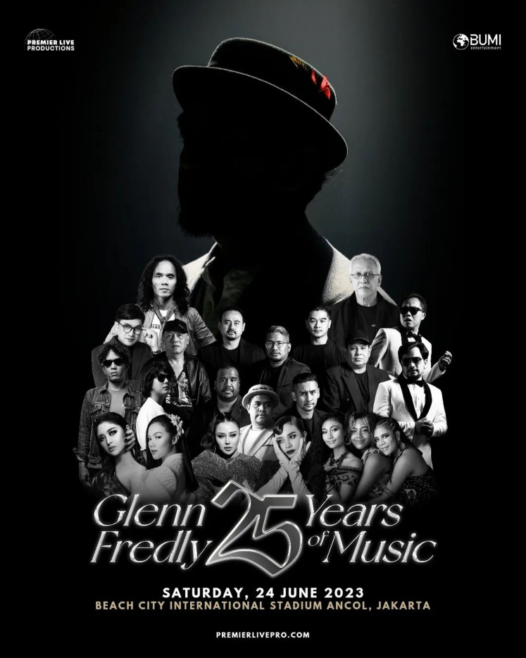 The late R&B singer Glenn Fredly's dark cutout looms over the other musicians in this poster for Glenn Fredly: 25 Years of Music, which will be held on June 24, 2023.