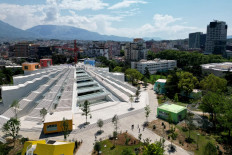 This aerial photograph shows the Pyramid of Tirana, in Tirana, on May 24, 2023.