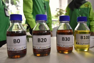 Energy and Mineral Resources Ministry staff pose with biodiesel samples on June 13, 2019, during an event in Jakarta to launch 30 percent biodiesel blend (B30) for vehicles.