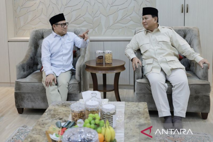 Gerindra Party Chairman Prabowo Subianto (right) meets closed door with National Awakening Party (PKB) Chairman Muhaimin Iskandar at the latter's house in Jakarta on Sunday, July 9, 2023.