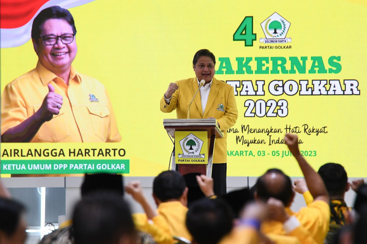 Golkar Party Chairman Airlangga Hartarto gives speech during a national working meeting in the party's headquarter in Slipi, West Jakarta on June 4, 2023.
