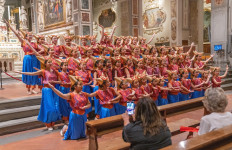 The Resonanz Children’s Choir (TRCC) performs a number while dressed in Minangkabau traditional attire at the Leonardo Da Vinci International Choral Festival in Florence, Italy, which ran from July 11 to 14, 2023.