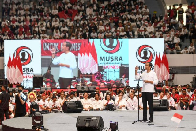 Center stage: President Joko “Jokowi” Widodo speaks at the conclusion of the Musyawarah Rakyat (People’s Assembly) organized by his volunteer groups at Senayan Sports Hall in Jakarta on May 14, 2023.
