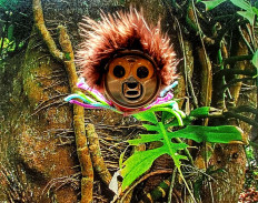 A caterpillar made from a soft drink can is featured on a diorama at the Litter Critters, art exhibition by Dutch biologist and visual artist Arike Gill, which runs until Aug. 13, 2023. 