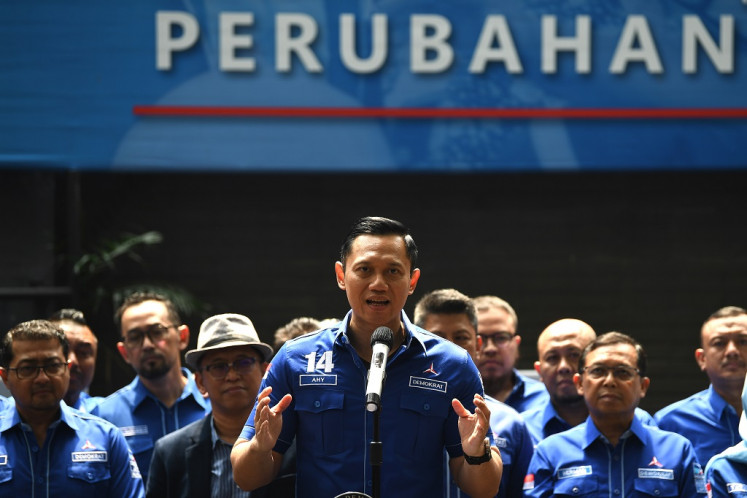Democratic Party chairman Agus Harimurti Yudhoyono (center) speaks during a press briefing at the party headquarters in Menteng, Central Jakarta, on Aug. 11, 2023.  Agus on Thursday, Jan. 18, 2024, said he regretted the public's lack of appreciation for Prabowo Subianto’s service as the defense minister which, according to him, saved millions of lives during the pandemic by agreeing to budget cuts.