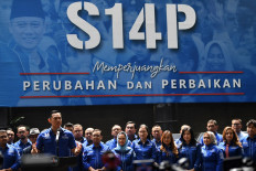 Democratic Party chairman Agus Harimurti Yudhoyono (left) addresses the press on Aug. 11, 2023, at the party’s headquarters in Menteng, Central Jakarta.