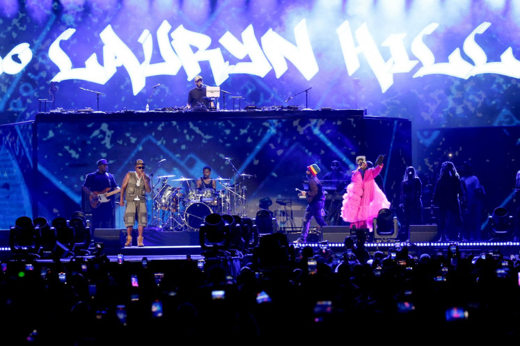 Nas (front, left) and Lauryn Hill (front, right) perform at the Adidas x Hip Hop Anniversary on August 11, 2023, at Yankee Stadium in New York City, the United States. The quintessentially African-American art form has traveled from block parties in the Bronx to every corner of the globe. 