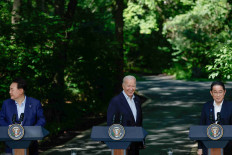 US President Joe Biden, Japanese Prime Minister Fumio Kishida and South Korean President Yoon Suk Yeol attend a joint press conference during the trilateral summit at Camp David near Thurmont, Maryland, US, August 18, 2023. 