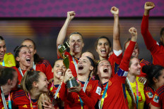 Spain celebrate with the trophy after winning FIFA Women's World Cup in Stadium Australia, Sydney, Australia, August 20, 2023.