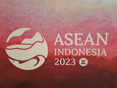 The ASEAN 2023 logo is shown on Aug. 17, 2023, in the conference room of the Hotel Padma in Semarang, Central Java.