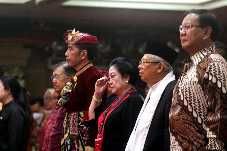 President Joko “Jokowi” Widodo (second left), then vice president Jusuf Kalla (left), Indonesian Democratic Party of Struggle (PDI-P) chairwoman Megawati Soekarnoputri (center), Vice President Ma’ruf Amin (second right) and president-elect Prabowo Subianto attend the opening ceremony of the fifth PDI-P congress on Aug. 8, 2019, in Sanur, Bali.