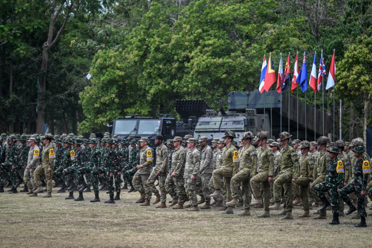 Indonesian, Australian, Singaporean and United States military personnel attend the opening ceremony of the Super Garuda Shield 2023 joint military exercise in Situbondo, East Java on Aug. 31, 2023.