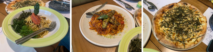 AWKitchen’s two signature pasta dishes, the spaghettini with spicy cod roe and Japanese mushrooms in garlic oil and the trofie arrabbiata, alongside the Japanese-influenced pizza,chicken teriyaki mushroom pizza, 