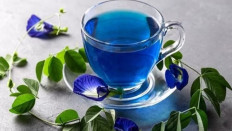 A cup of blue floral tea from the Clitoria ternatea plant is pictured in this illustrative photo. The plant is an endemic species of Ternate Island, North Maluku. 
