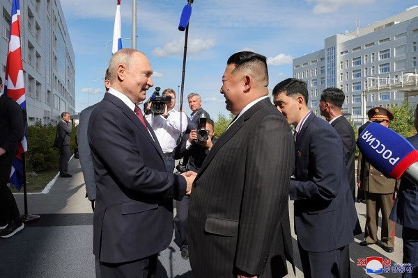 North Korean leader Kim Jong-un (right) meets Russia's President Vladimir Putin at the Vostochny Cosmodrome in the Amur Oblast of the Far East Region, Russia, Sept. 13, 2023.