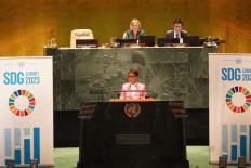 Foreign Minister Retno LP Marsudi delivers a speech on Sept. 18, 2023, during the Sustainable Development Goals (SDGs) Summit at the United Nations headquarters in New York City, the United States.