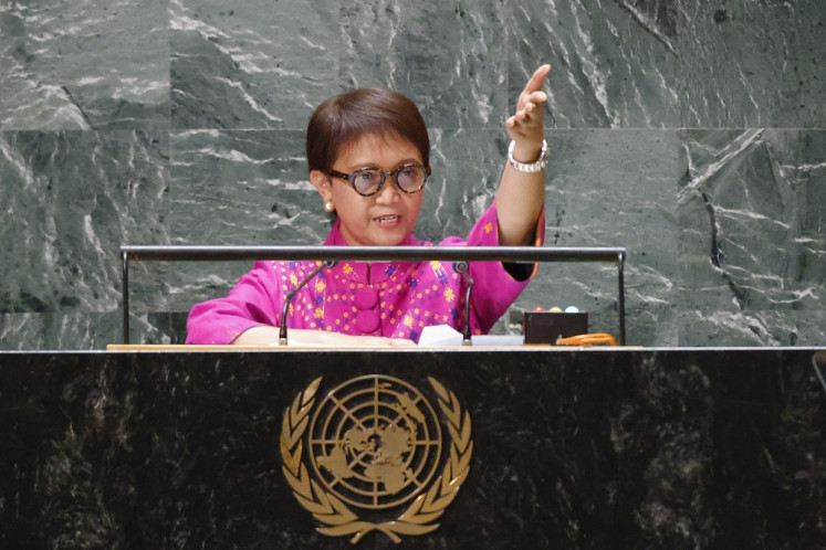 Foreign Minister Retno LP Marsudi addresses the 78th United Nations General Assembly at UN headquarters in New York City on September 23, 2023.