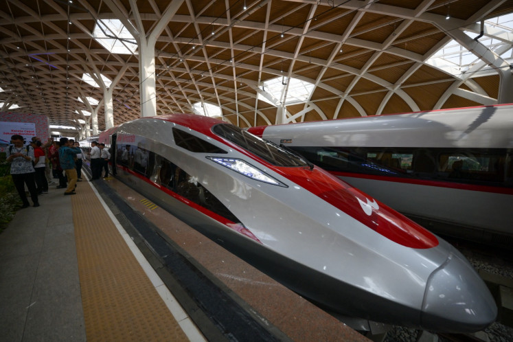 The Jakarta-Bandung high-speed train named 'Whoosh' is seen during the inauguration at Halim station in Jakarta on Oct. 2, 2023. 