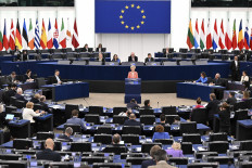European Commission President Ursula von der Leyen speaks during a debate on the strategy for EU-China relations as part of a plenary session at the European Parliament in Strasbourg, France, on April 18, 2023.
