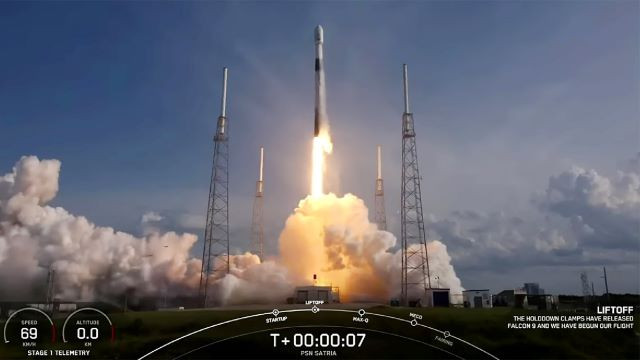 SpaceX's Falcon 9 rocket lifts off on June 18, 2023 from Space Launch Complex 40 at Cape Canaveral Space Force Station in Florida, to deliver Indonesian satellite SATRIA-1 into orbit.
