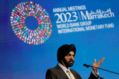 World Bank President Ajay Banga speaks on the second day of the annual meeting of the International Monetary Fund and the World Bank, following last month's deadly earthquake, in Marrakech, Morocco, October 10, 2023. 