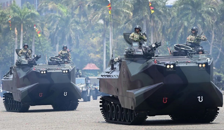 Indonesian Military (TNI) soldiers take part in a parade marking its 78th anniversary at the National Monument Square in Jakarta on Oct. 5, 2023. 