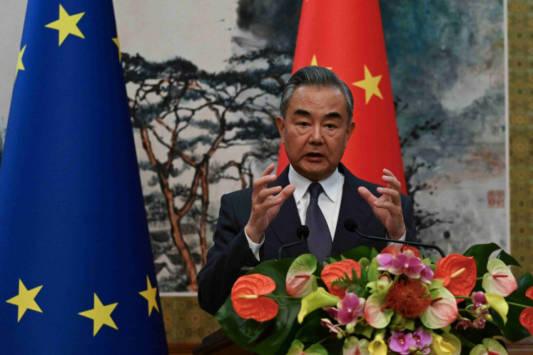 Chinese Foreign Minister Wang Yi attends EU-China High-Level Strategic Dialogue at the Diaoyutai State Guest House in Beijing, China, on October 13, 2023.    Pedro Pardo/Pool via REUTERS