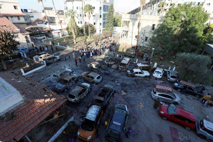 A view shows an area of Al-Ahli hospital where hundreds of Palestinians were killed in a blast that Israeli and Palestinian officials blamed on each other, and where Palestinians who fled their homes were sheltering amid the ongoing conflict with Israel,  in Gaza City, October 18, 2023. 