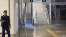 A still image from a short video posted on Instagram shows water leaking from the ceiling of an annex building of the Jakarta-Bandung high-speed railway station in Halim, East Jakarta, on Nov. 4, 2023, as a result of heavy rain. The video was posted on Nov. 5 and went viral.