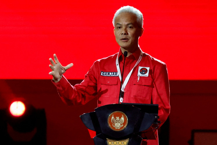 Ganjar Pranowo, the 2024 presidential candidate of the Indonesian Democratic Party of Struggle (PDIP), speaks on Sept. 29, 2023 at the party's national meeting in Jakarta.
