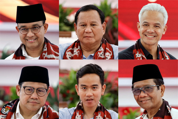 Presidential candidates (clockwise from top left) Anies Baswedan, Prabowo Subianto, Ganjar Pranowo and vice presidential candidates Mohammad Mahfud Mahmodin, Gibran Rakabuming Raka and Muhaimin Iskandar, are pictured in this composite image.