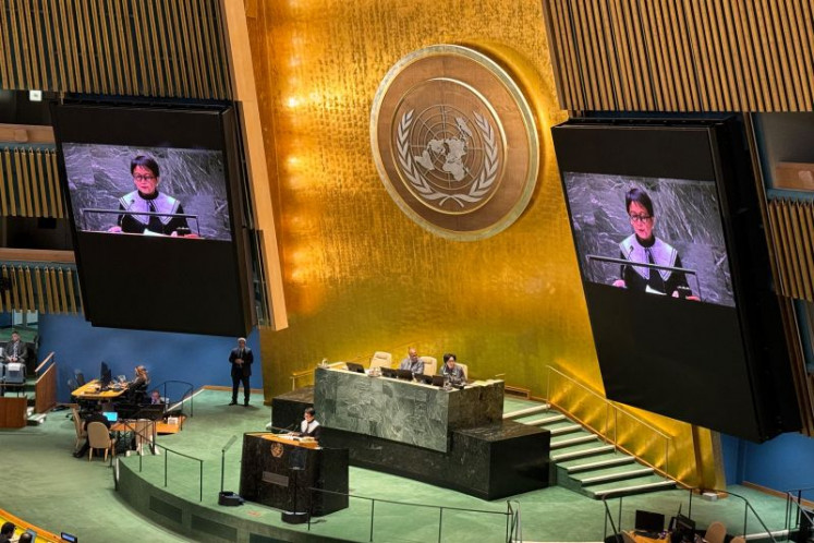 Foreign Minister Retno LP Marsudi speaks on Nov. 28, 2023 about the situation in Gaza at the United Nations General Assembly in New York.