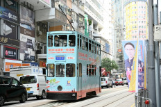 A tram passes through Wanchai district in Hong Kong, China, on Nov. 24, 2023.